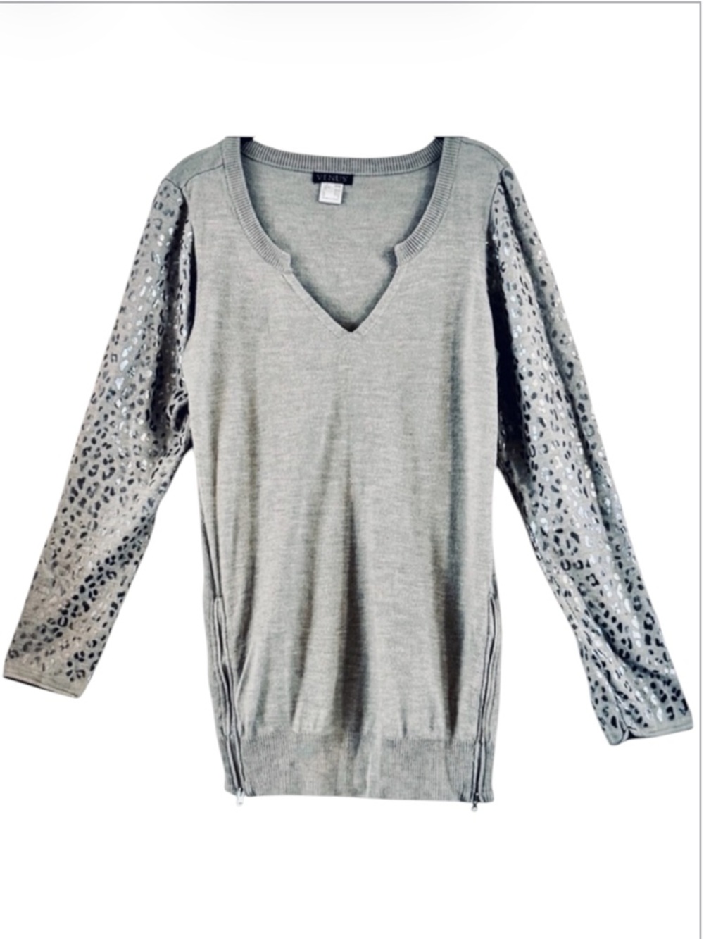 VENUS Gray V-Neck Sweater Metallic Leopard Print Sleeves Side Zippers Size L